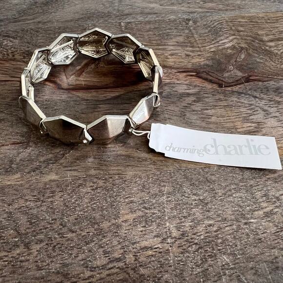 🍭6/$30 Charming Charlie Silver Rhinestone Studded Geometric Stretch Bracelet - Picture 1 of 7
